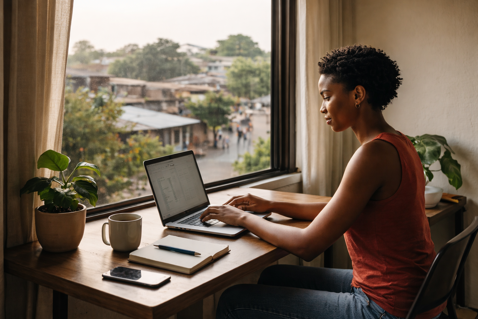 Remote worker in West Africa using a laptop in a quiet home workspace with an urban neighborhood outside the window.